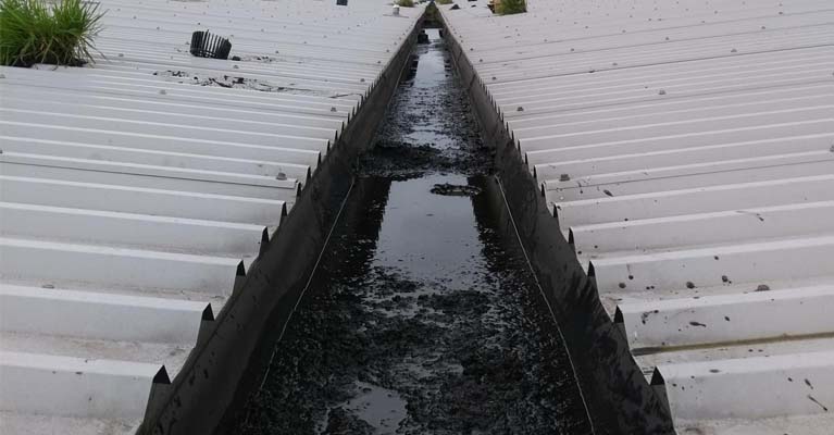 View along 100m industrial valley gutter with detritus build-up.