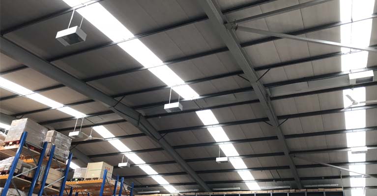 Internal view of the completed GRP roof lights installation in Telford.